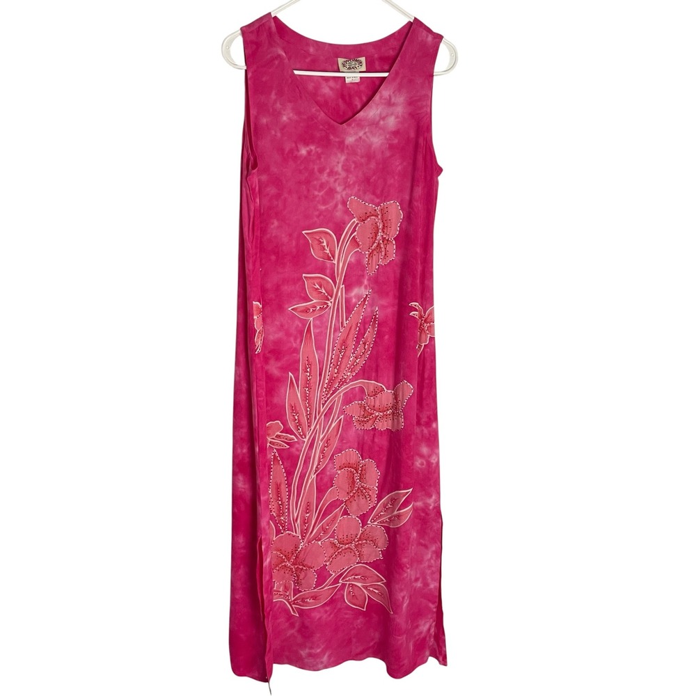 Peppermint Bay Womens Floral Maxi Dress Size S Pink Tie Dye Beaded Sleeveless